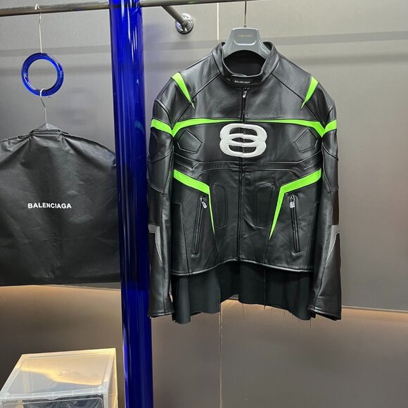 Balenciaga Oversized Leather Bikers Jacket – Jet Black / Neon - Picture 1 of 10